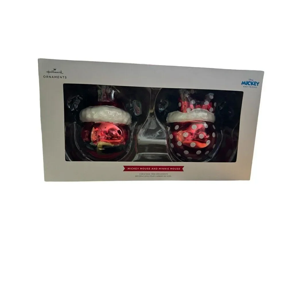 Hallmark Disney Mickey Minnie Mouse Ears Glass Christmas Ornaments, New